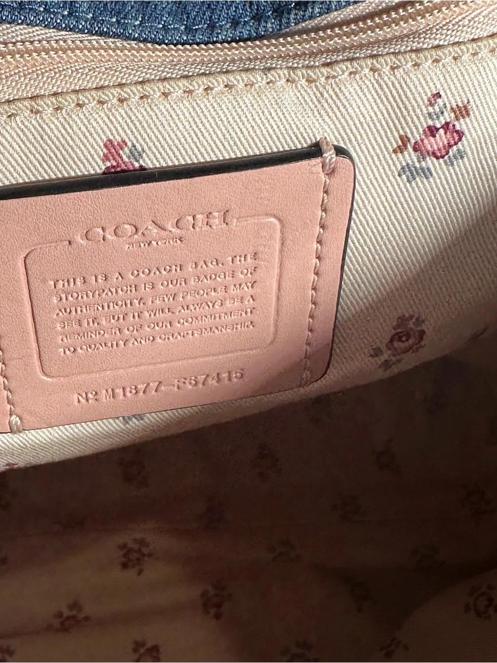 Coach Denim Logo Tote in Blue with Navy Trim and Beautiful Floral Interior